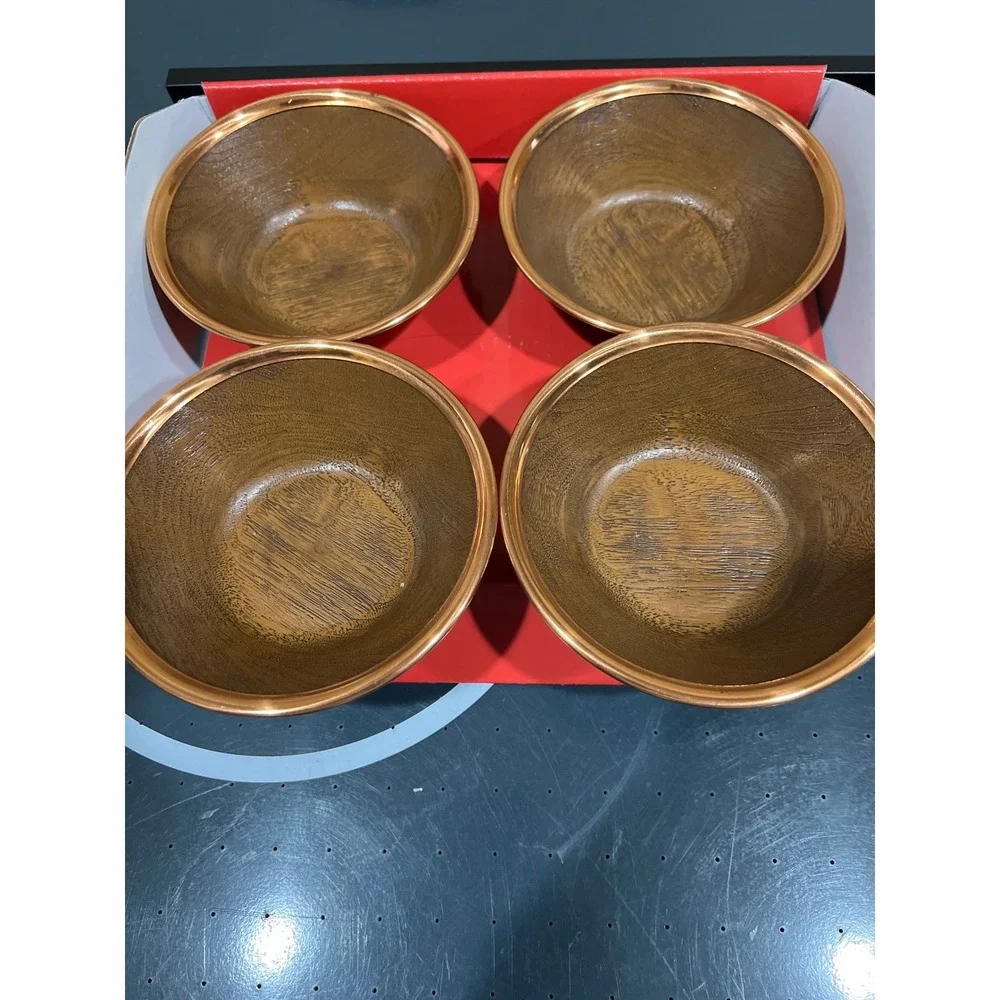Vintage Faux Wood Grain Salad Bowls Set of 4 Copper Rim Metallic Trim Brown